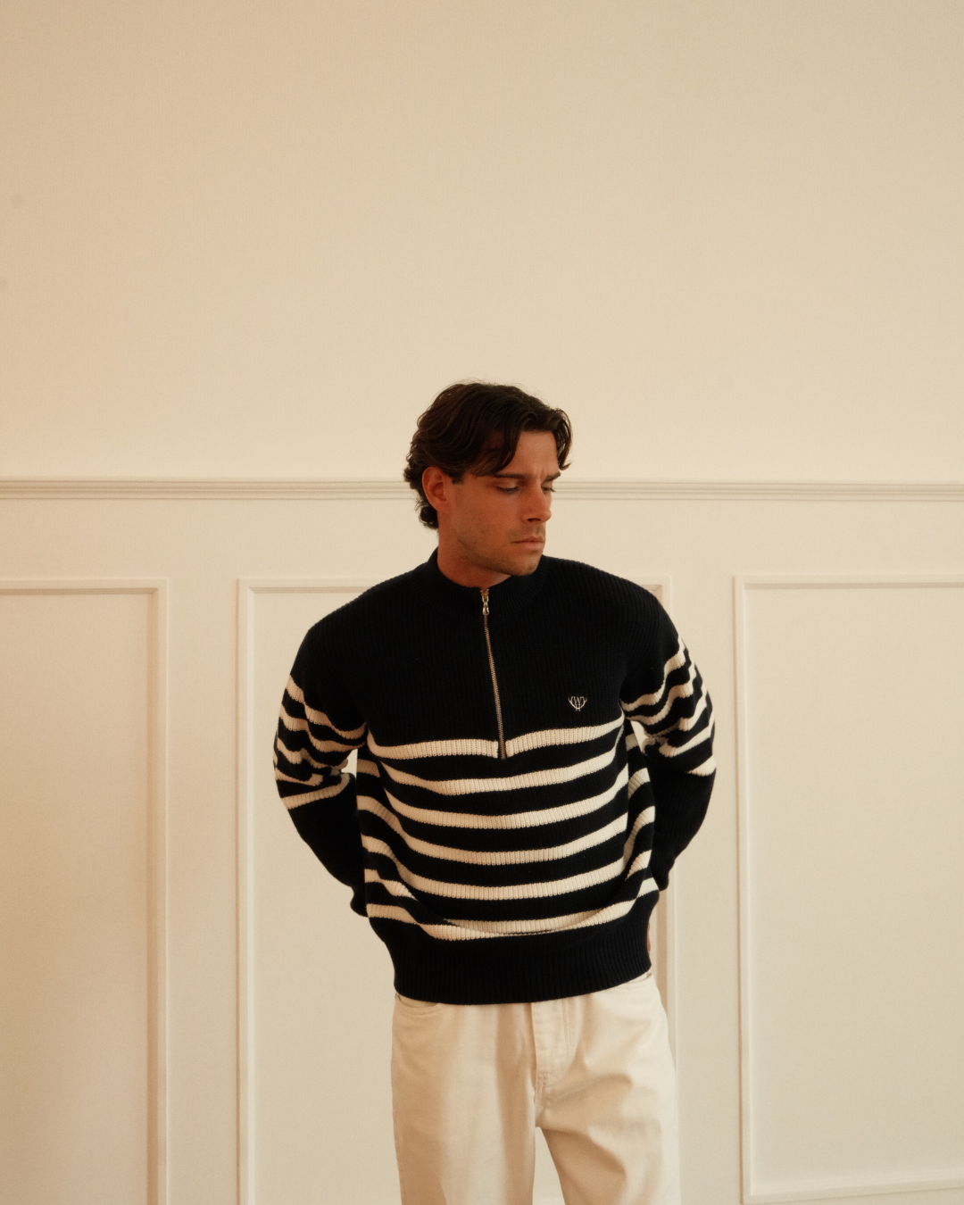 Striped Huxley Quarter Zip - Navy